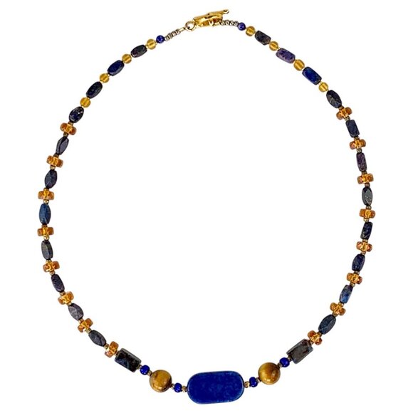 Beaded Lapis, Tiger Eye, Swarovski Crystal & Gold Choker Necklace - Picture 4 of 5